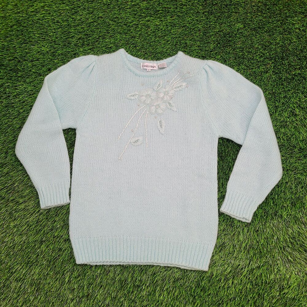 Vintage Flower Sweater Womens XS 16x25 Blue-Green